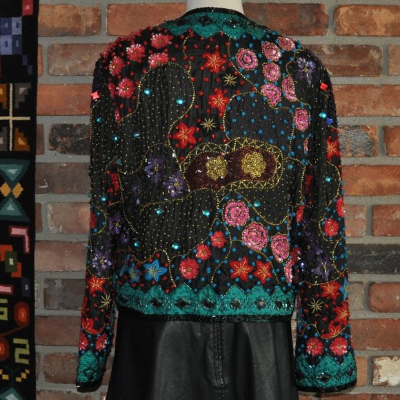 Vtg Frank Usher Heavily Beaded Sequin Silk Multicolor Floral Matador Jacket S - Picture 5 of 10